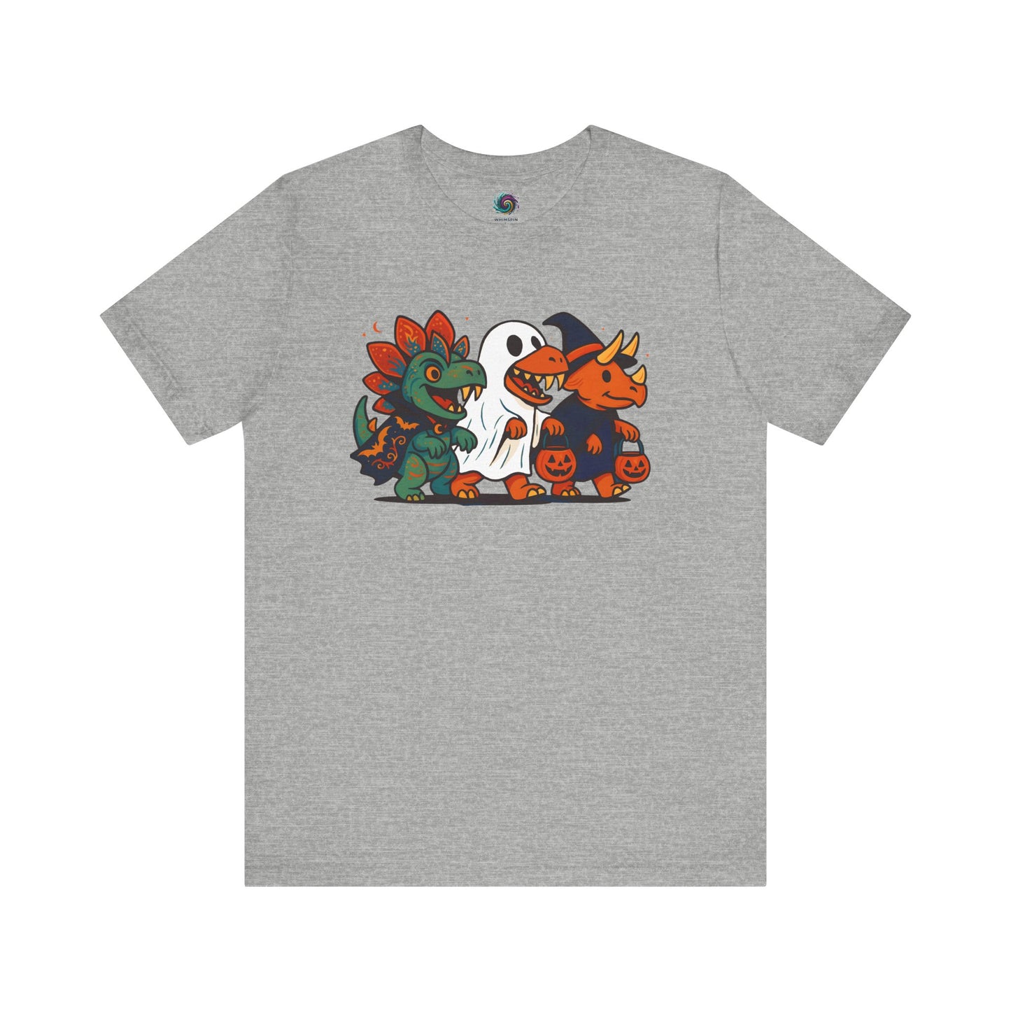 Gray t-shirt with a halloween cartoon dinosaurs wearing costumes and trick-or-treating design on a white background