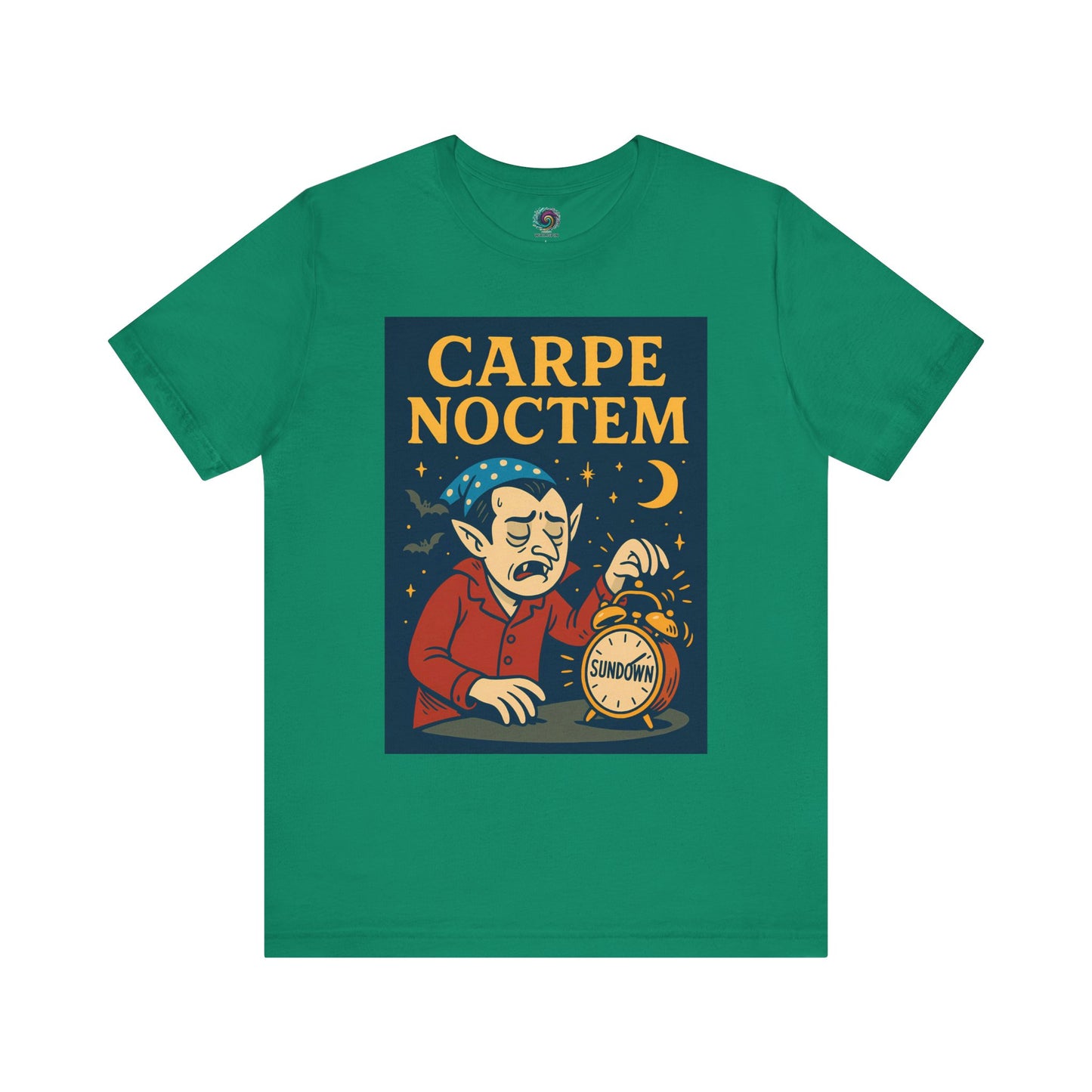 kelly green tshirt with 'Carpe Noctem' graphic design featuring a vampire with an alarm clock and moon. Perfect for Halloween parties, night owls, and those who hit the snooze button