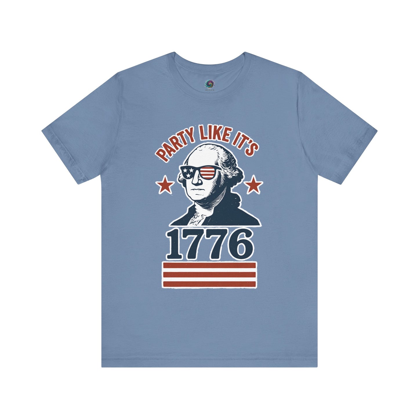 Light Blue Party Like It's 1776 shirt with George Washington in sunglasses