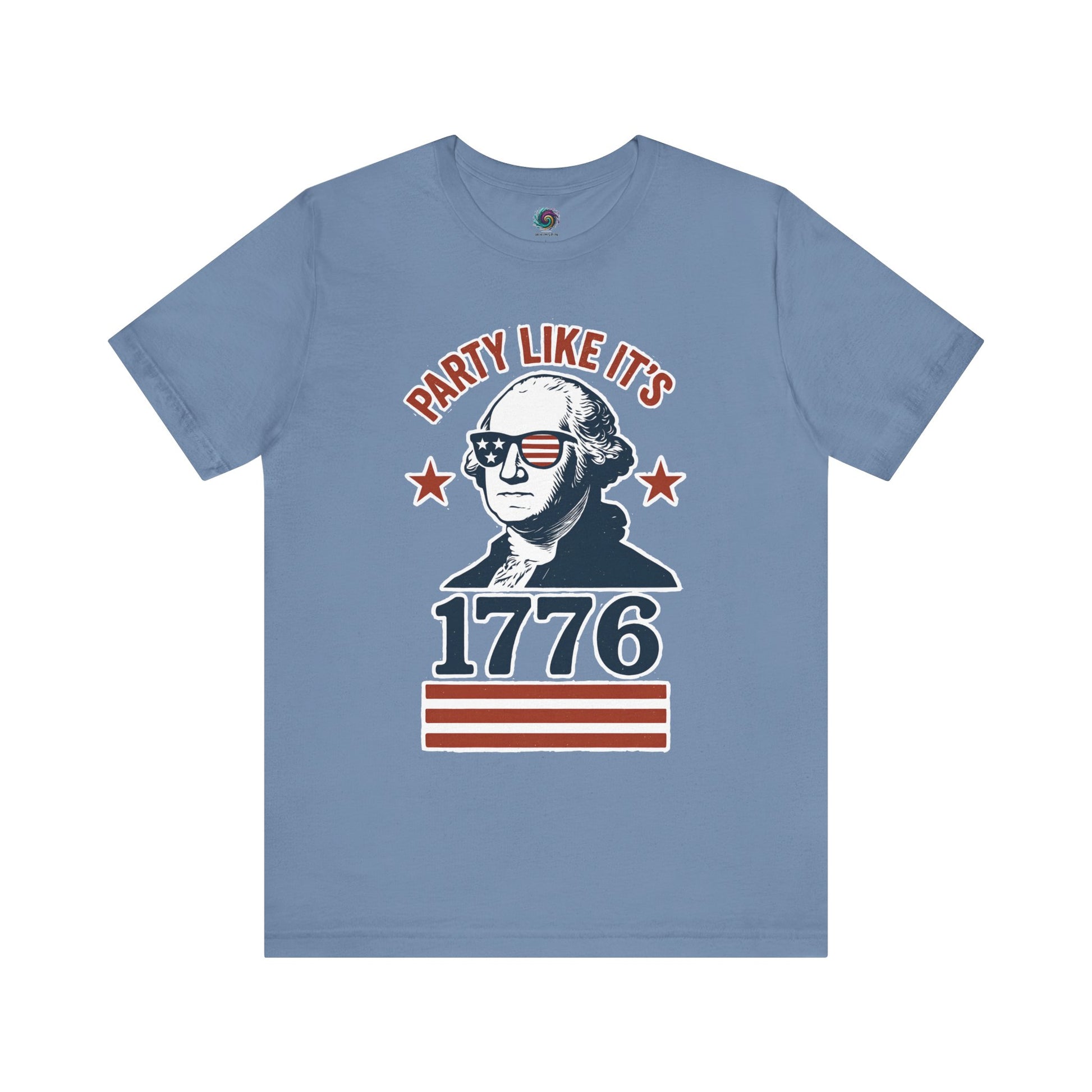 Light Blue Party Like It's 1776 shirt with George Washington in sunglasses