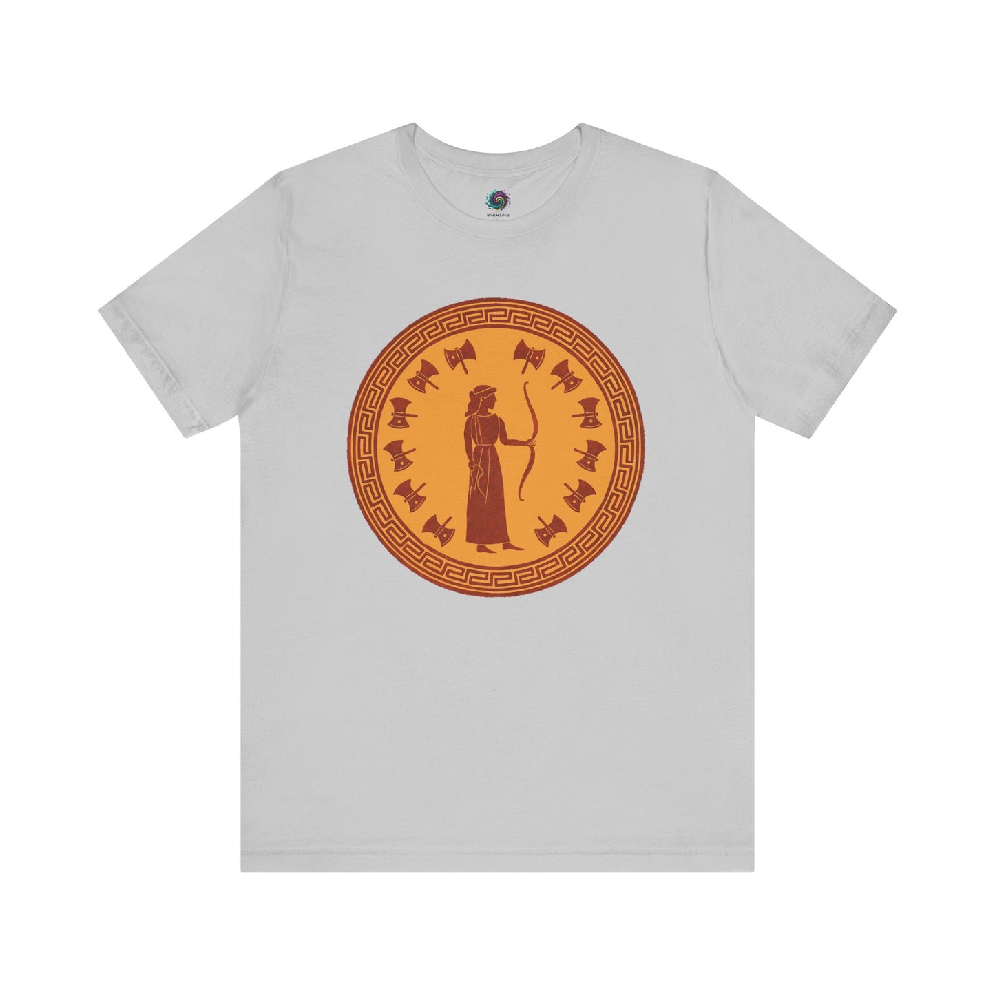 Gray Penelope Epic Queen of Ithaca T shirt from Whimspin. The shirt features an image of a woman in ancient Grecian robes holding a bow and surrounded by 12 axes. The images is in terracotta cotta red and gold in the style of ancient amphora art.