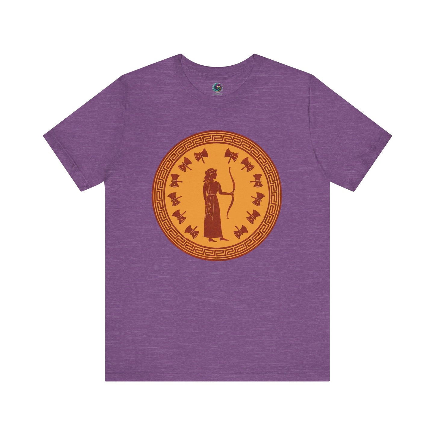 Light purple Penelope Epic Queen of Ithaca T shirt from Whimspin. The shirt features an image of a woman in ancient Grecian robes holding a bow and surrounded by 12 axes. The images is in terracotta cotta red and gold in the style of ancient amphora art.