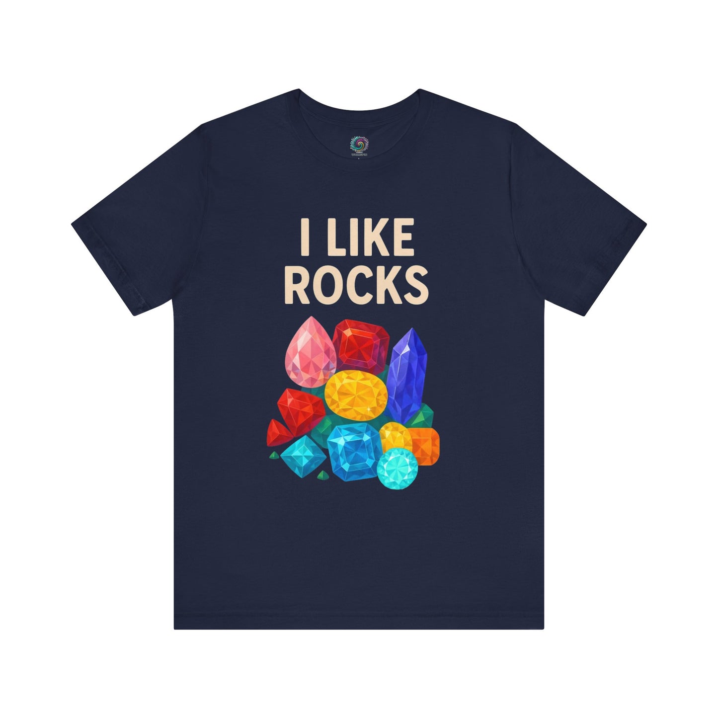 Navy blue t-shirt with colorful gemstones and 'I Like Rocks' text on a white background