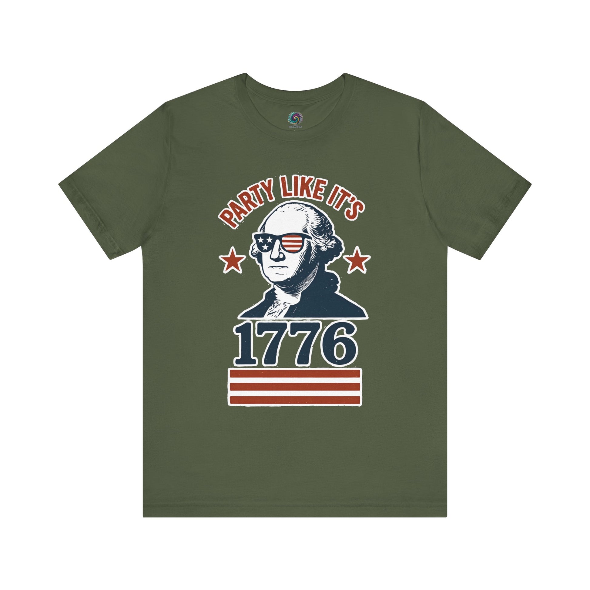 Military green Party Like It's 1776 shirt with George Washington in sunglasses