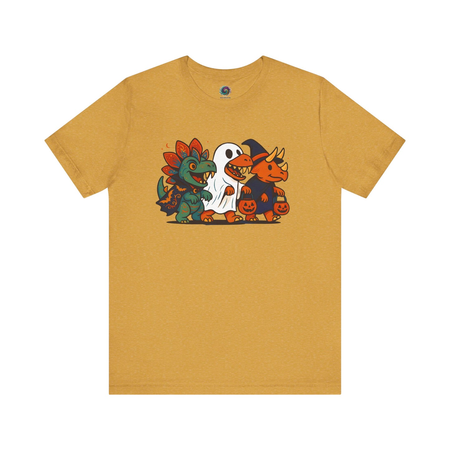 Mustard yellow t-shirt with a Halloween-themed dinosaur wearing costumes and trick or treating graphic on a white background