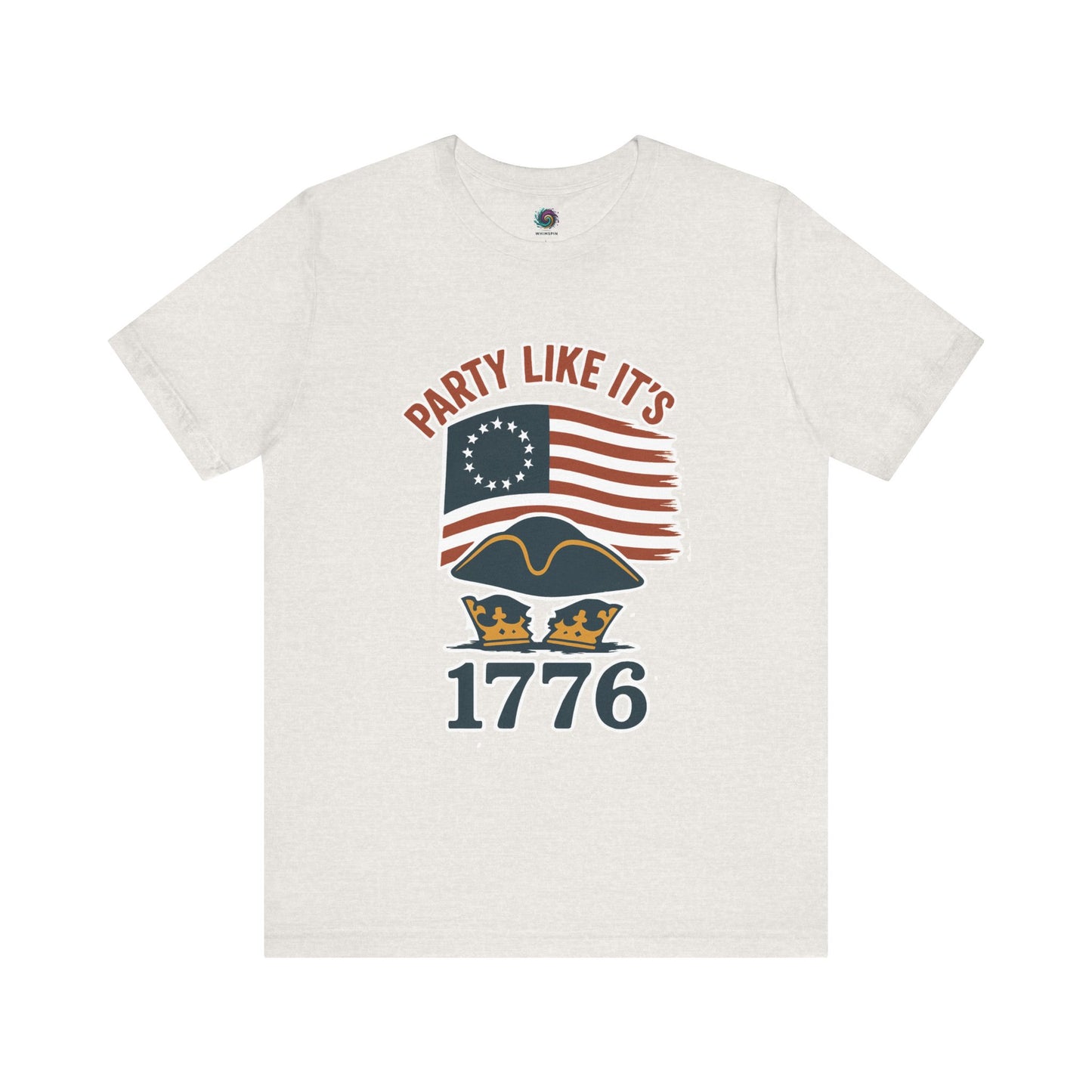 natural t-shirt with the text 'Party Like It's 1776' and a patriotic revolutionary graphic design on a white background