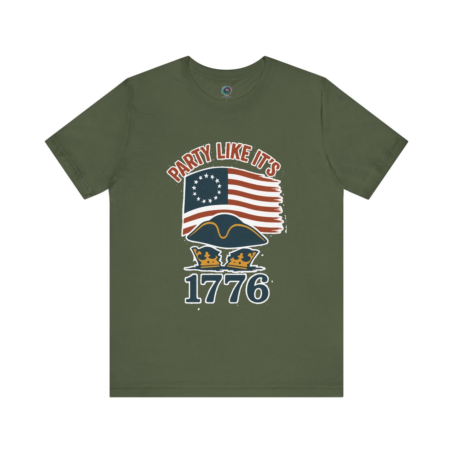 olive Green t-shirt with 'Party Like It's 1776' graphic design featuring a 13 star colonial us flag and a tricorner hat sitting overtop a brown crown