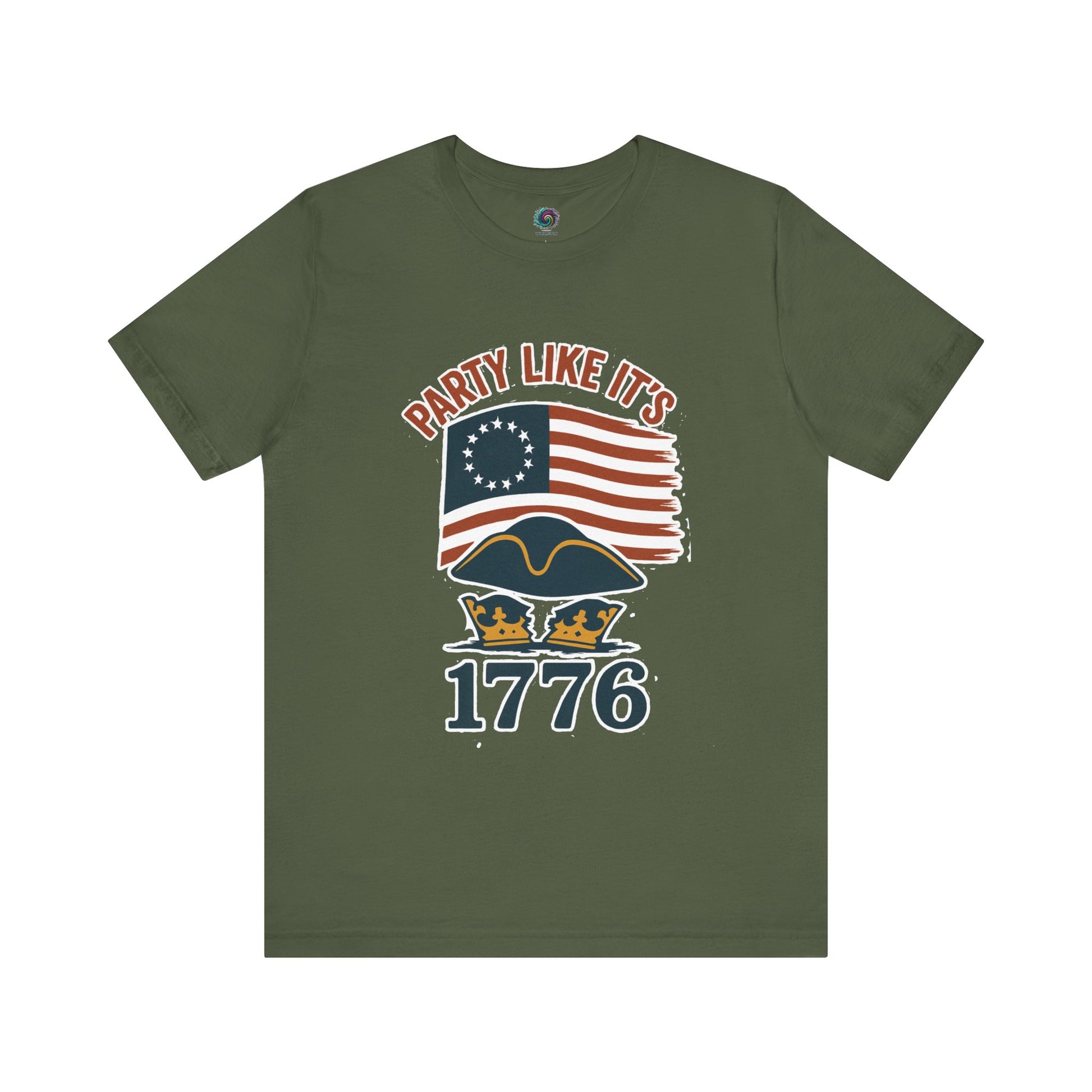 olive Green t-shirt with 'Party Like It's 1776' graphic design featuring a 13 star colonial us flag and a tricorner hat sitting overtop a brown crown
