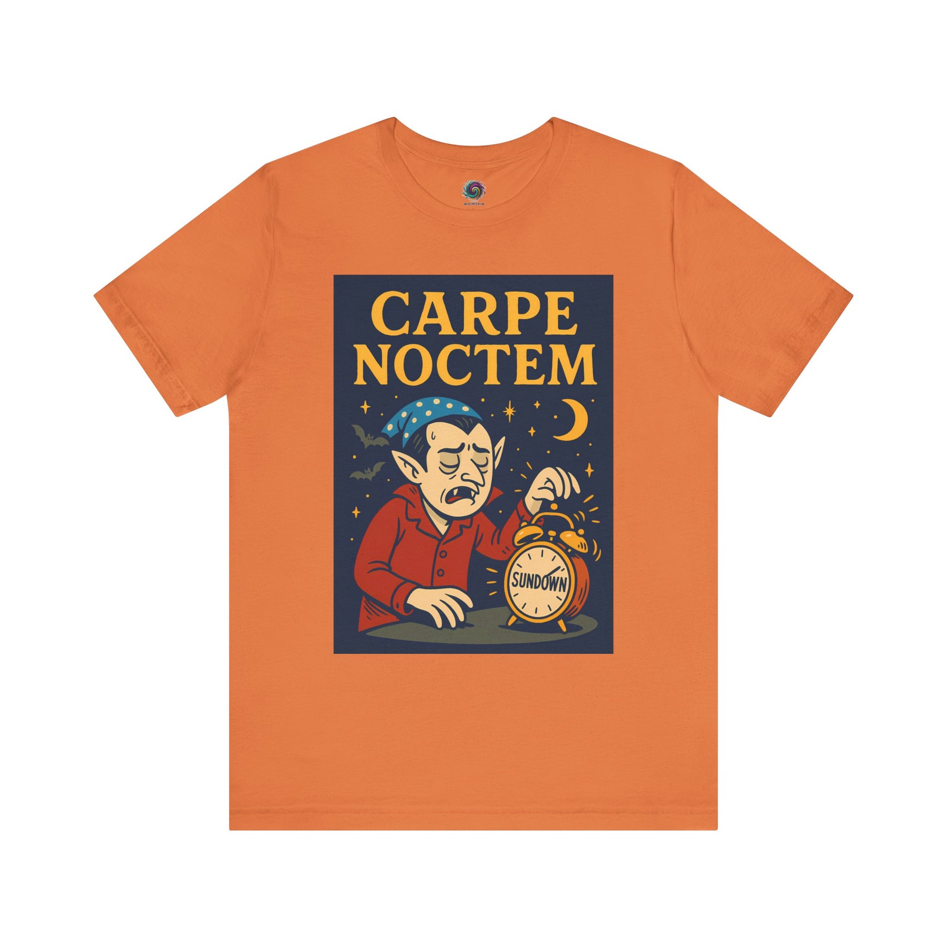 Orange tshirt with 'Carpe Noctem' graphic design featuring a vampire with an alarm clock and moon. Perfect for Halloween parties and night owls