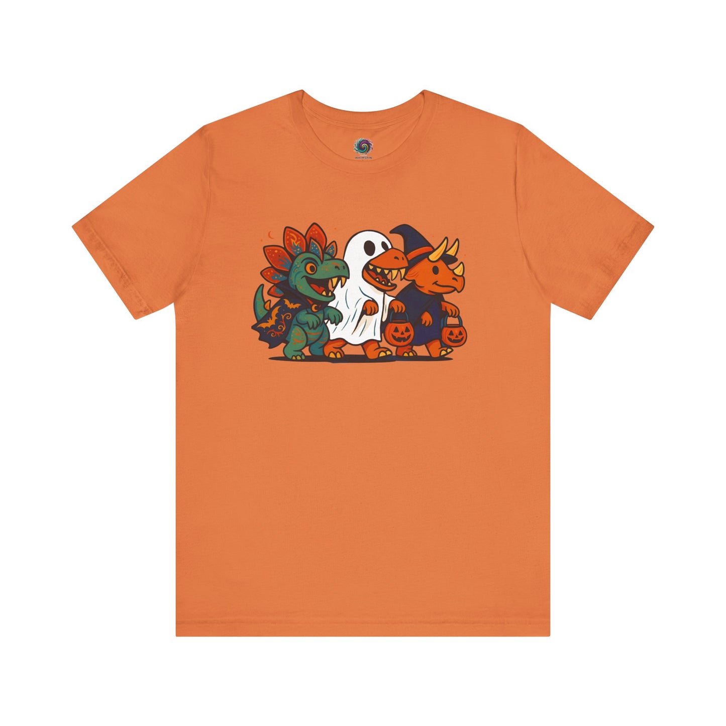 Orange t-shirt with Halloween-themed dinosaurs wearing costumes graphics on a white background