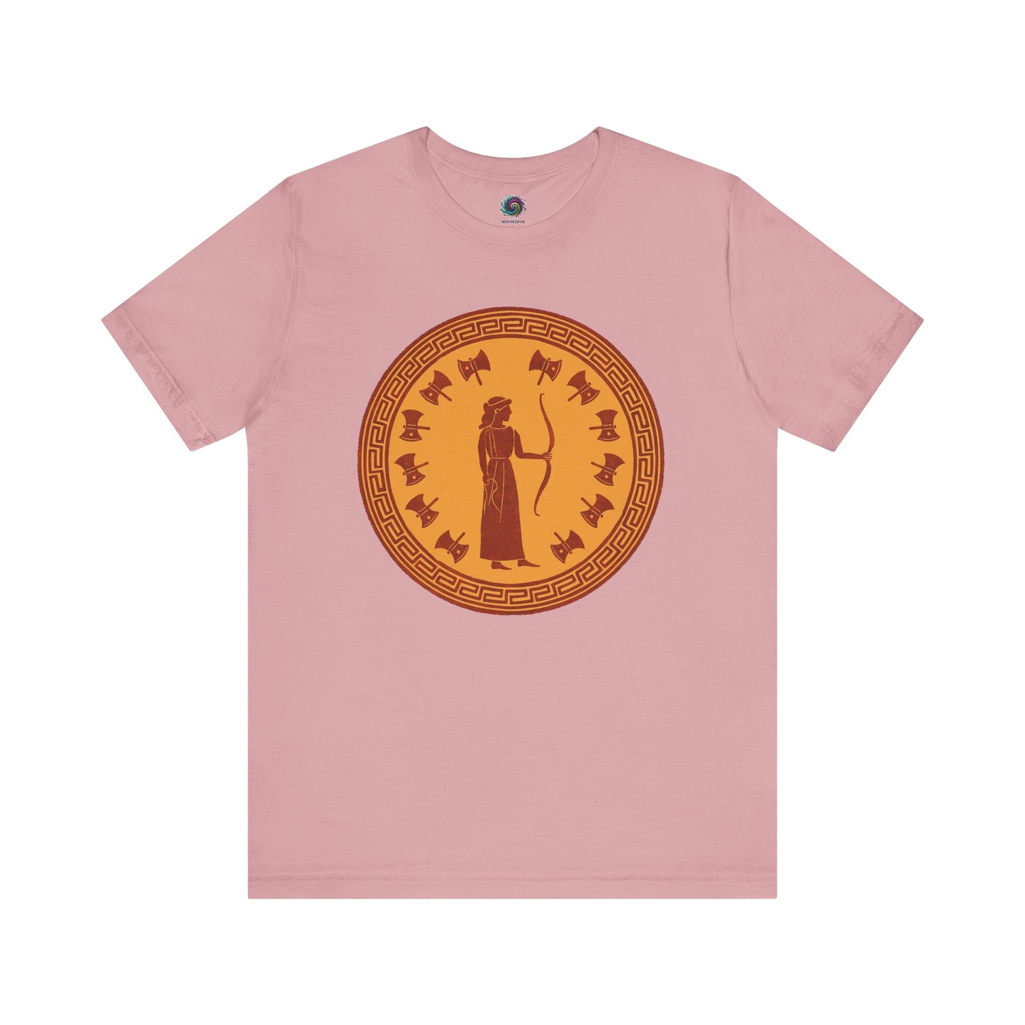 Pink Penelope Epic Queen of Ithaca T shirt from Whimspin. The shirt features an image of a woman in ancient Grecian robes holding a bow and surrounded by 12 axes. The images is in terracotta cotta red and gold in the style of ancient amphora art.