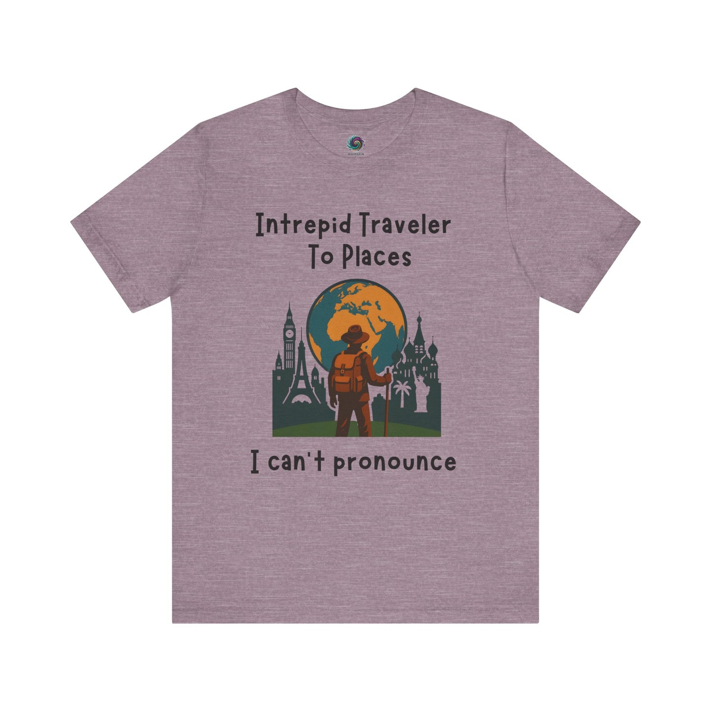Purple travel t-shirt with a graphic design and text on a white background for adventure travel