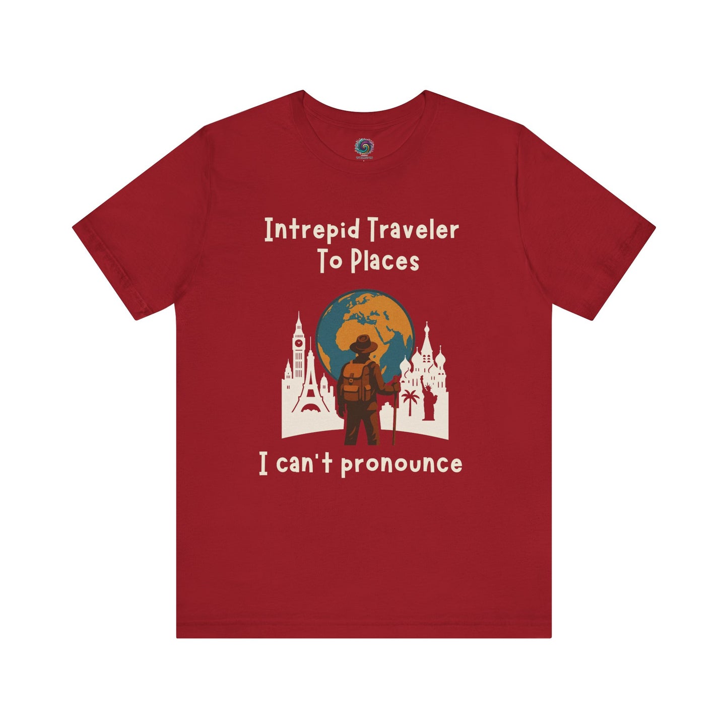 Red t-shirt with travel-themed graphic and text on a white background for world travelers