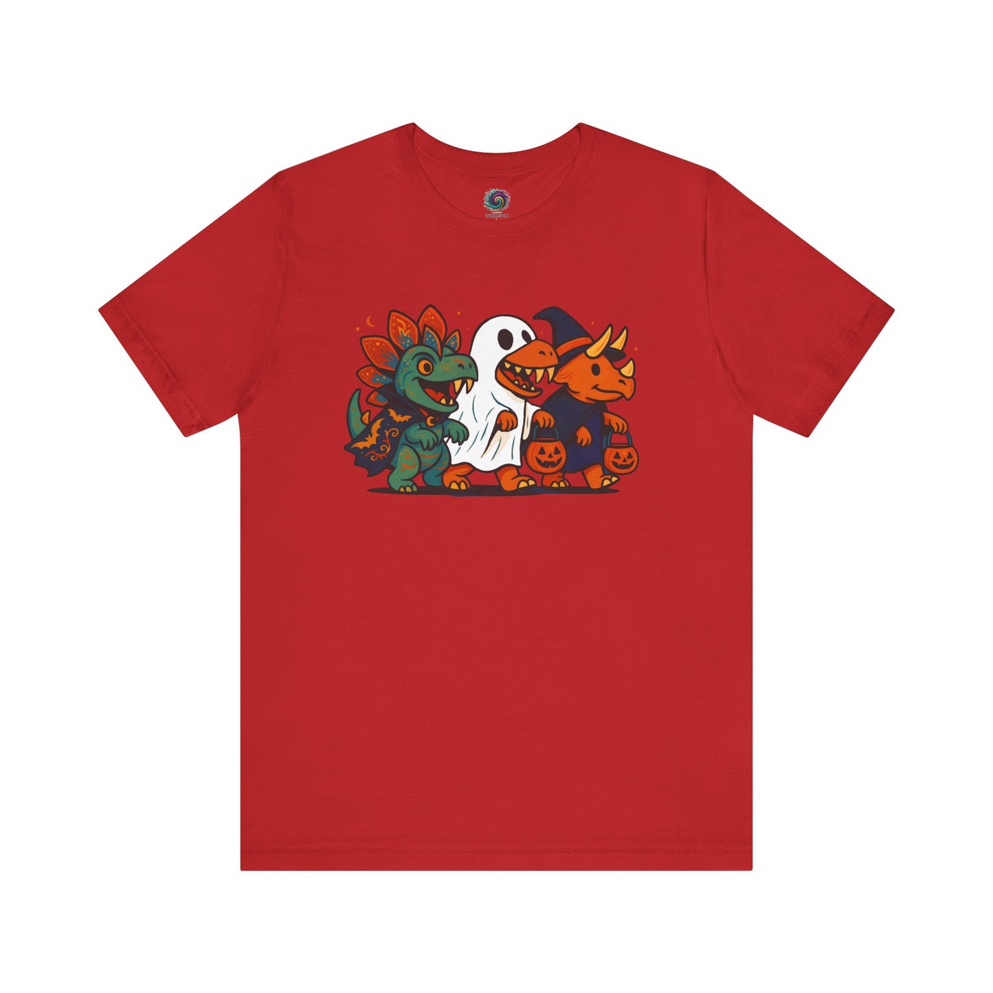 Red t-shirt with Halloween-themed graphic of a group of dinosaurs trick-or-treating