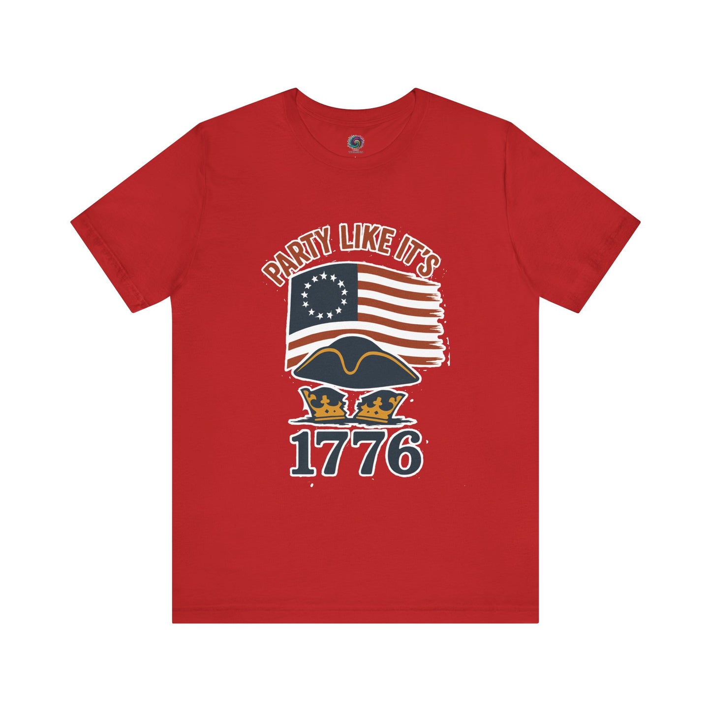 Red t-shirt with 'Party Like It's 1776' graphic design on a white background