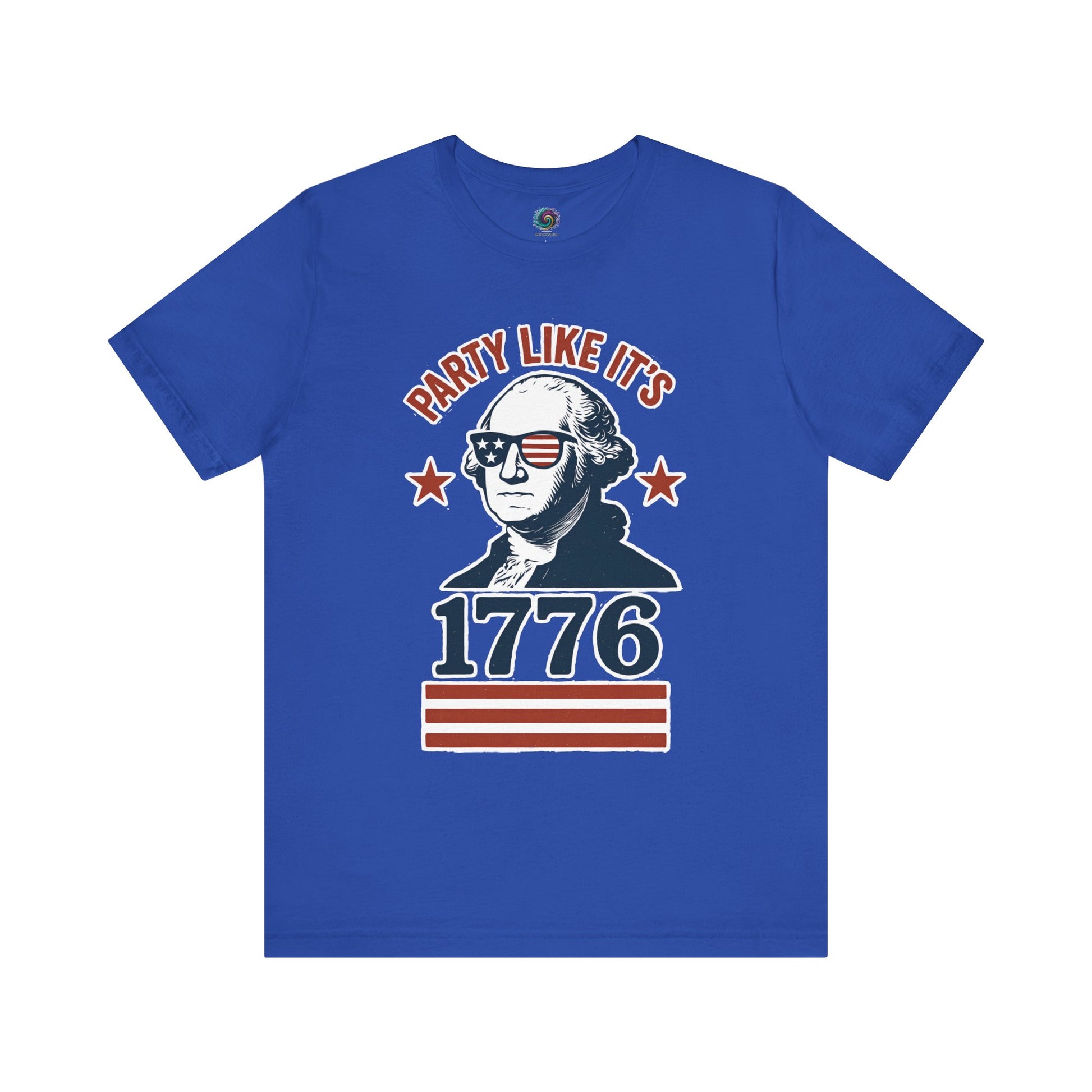 Royal blue Party Like It's 1776 shirt with George Washington in sunglasses