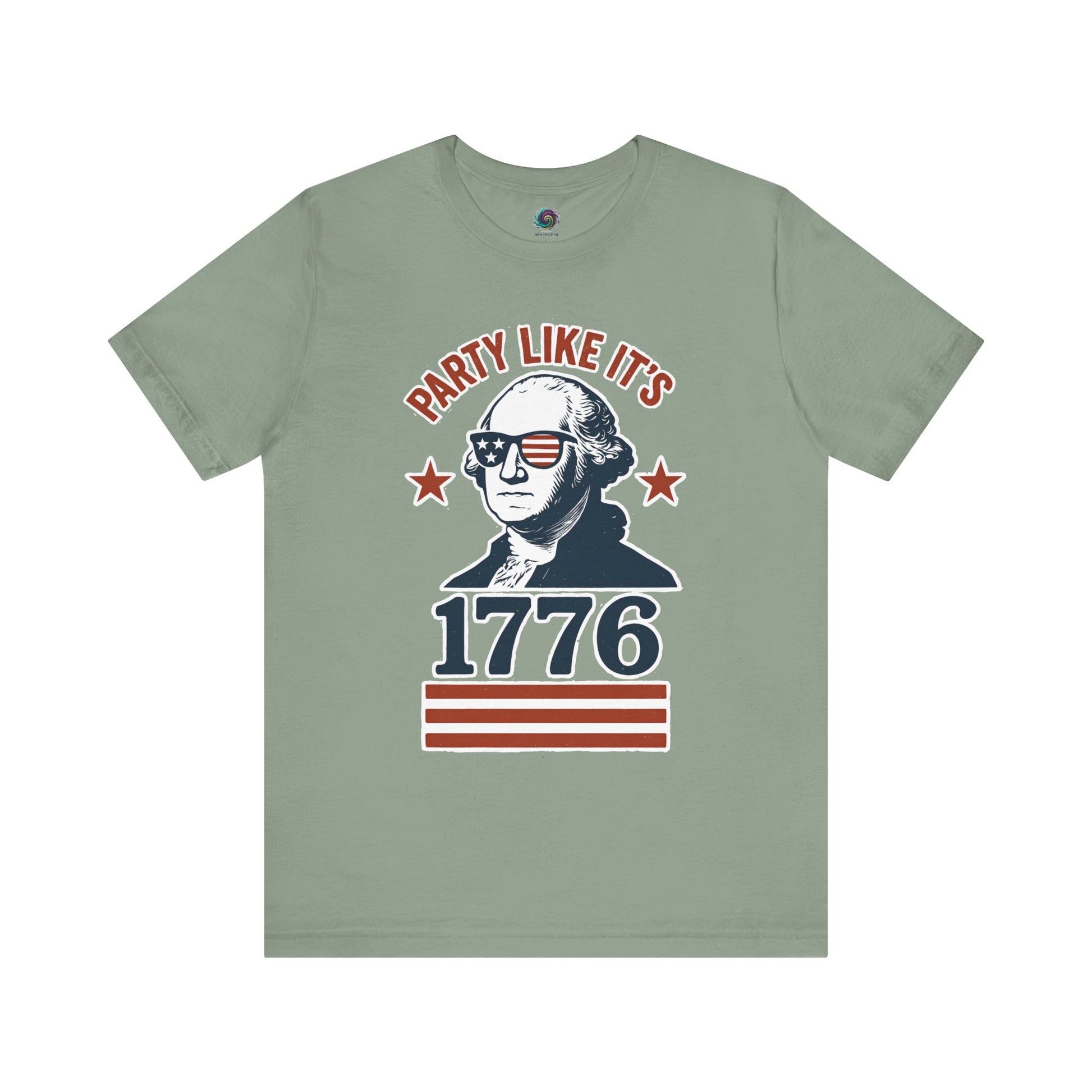Sage green Party Like It's 1776 shirt with George Washington in sunglasses