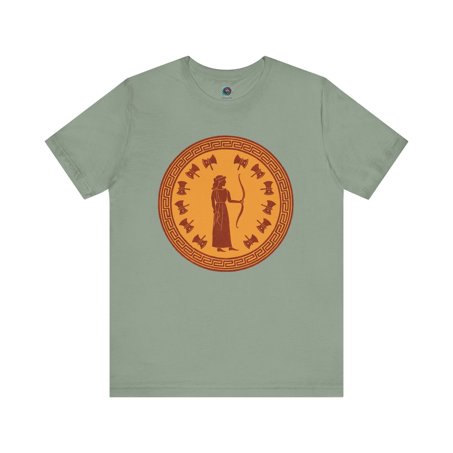 Sage green Penelope Epic Queen of Ithaca T shirt from Whimspin. The shirt features an image of a woman in ancient Grecian robes holding a bow and surrounded by 12 axes. The images is in terracotta cotta red and gold in the style of ancient amphora art.