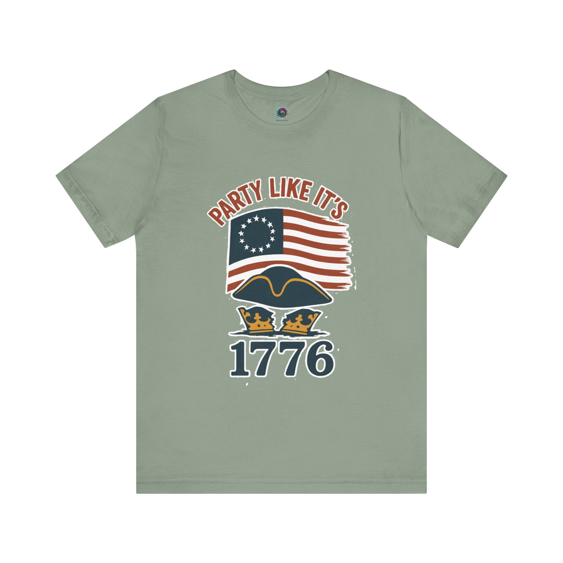 Sage Green t-shirt with 'Party Like It's 1776' text and patriotic revolutionary graphic design
