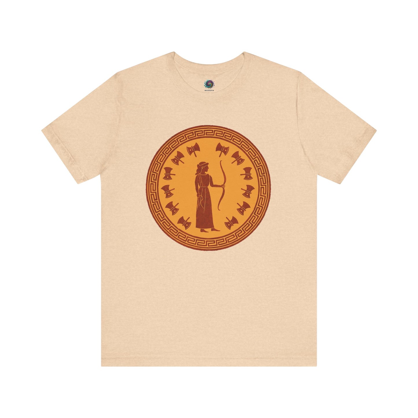 Sand yellow Penelope Epic Queen of Ithaca T shirt from Whimspin. The shirt features an image of a woman in ancient Grecian robes holding a bow and surrounded by 12 axes. The images is in terracotta cotta red and gold in the style of ancient amphora art.