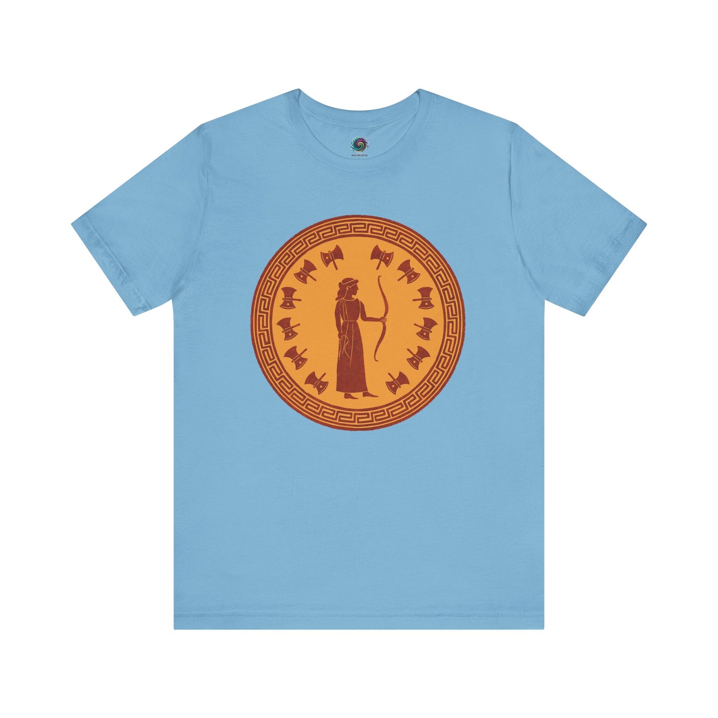 Aqua blue Penelope Epic Queen of Ithaca T shirt from Whimspin. The shirt features an image of a woman in ancient Grecian robes holding a bow and surrounded by 12 axes. The images is in terracotta cotta red and gold in the style of ancient amphora art.