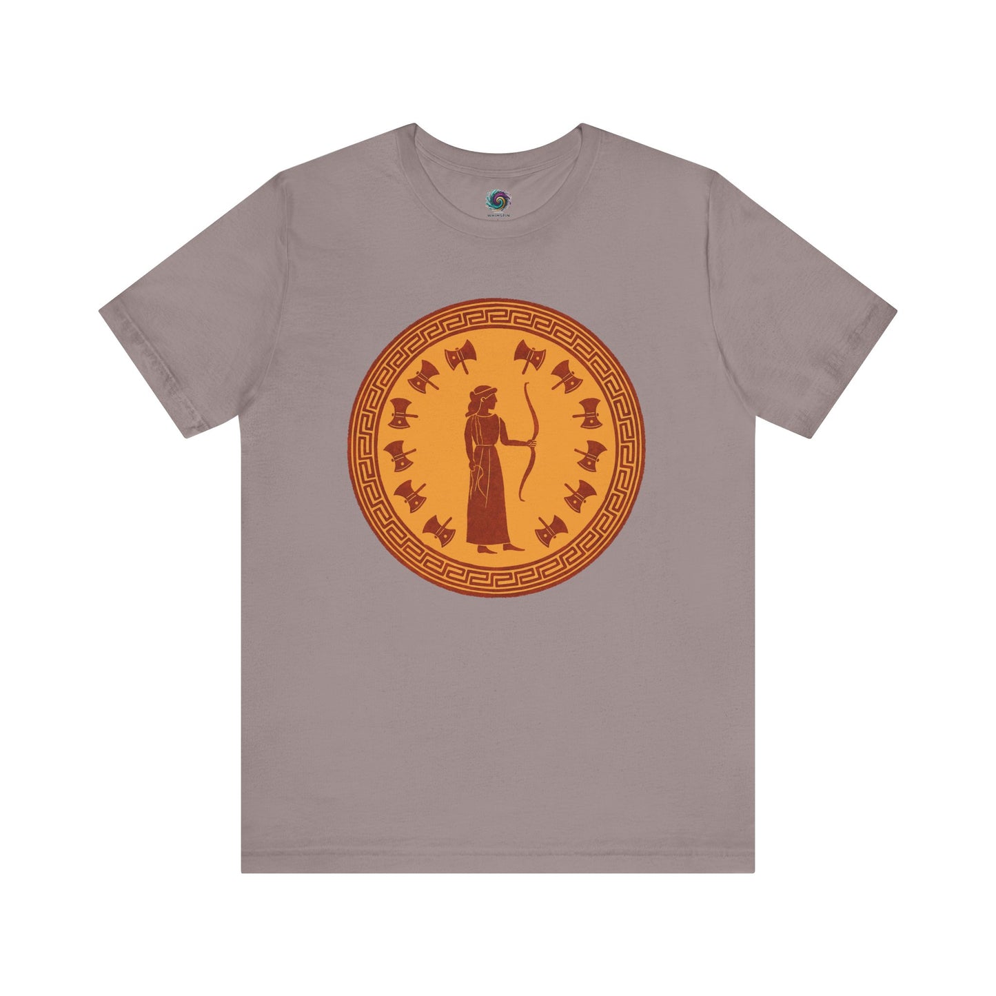 Tan Penelope Epic Queen of Ithaca T shirt from Whimspin. The shirt features an image of a woman in ancient Grecian robes holding a bow and surrounded by 12 axes. The images is in terracotta cotta red and gold in the style of ancient amphora art.