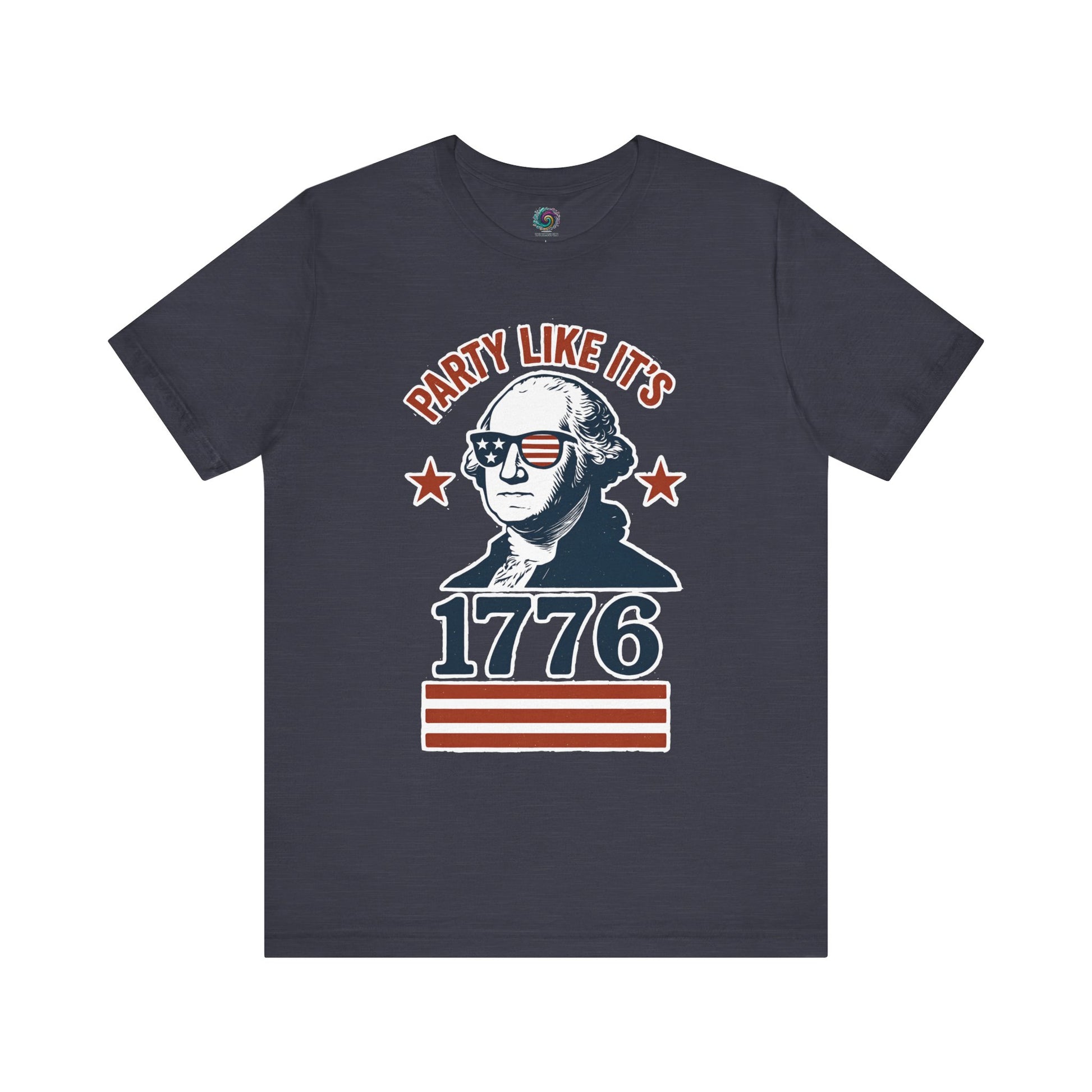 Dark Heather navy Party Like It's 1776 shirt with George Washington in sunglasses