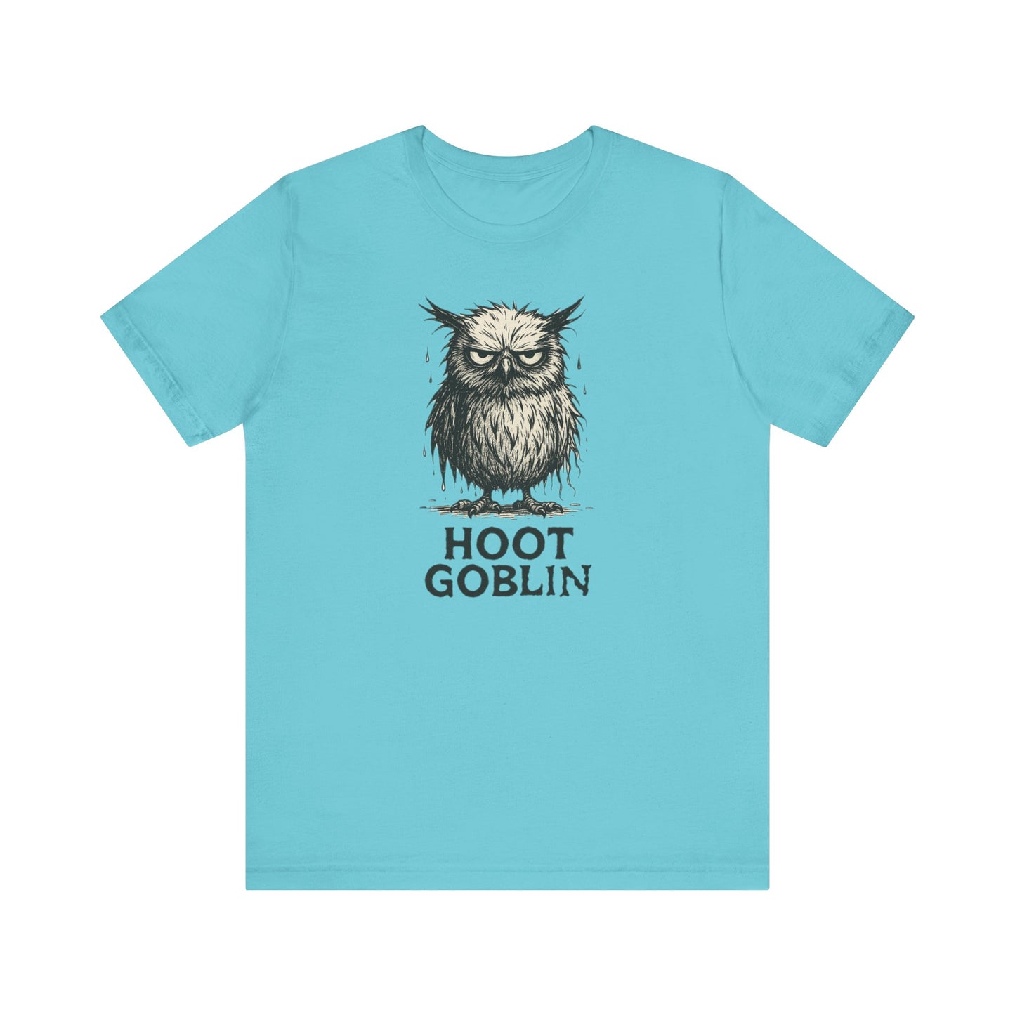 Light blue t-shirt with a cute owl graphic and 'Hoot Goblin' text on a white background