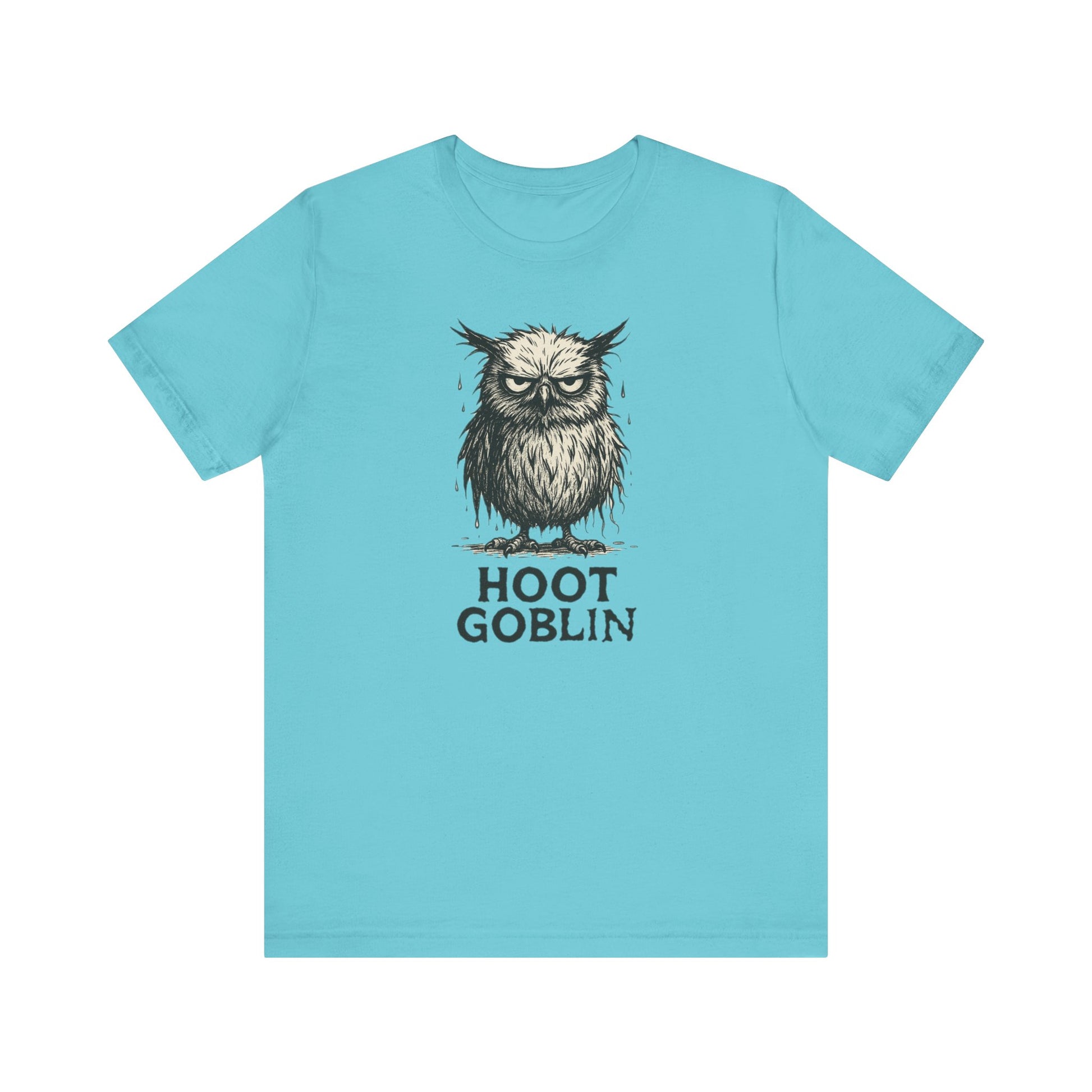 Light blue t-shirt with a cute owl graphic and 'Hoot Goblin' text on a white background