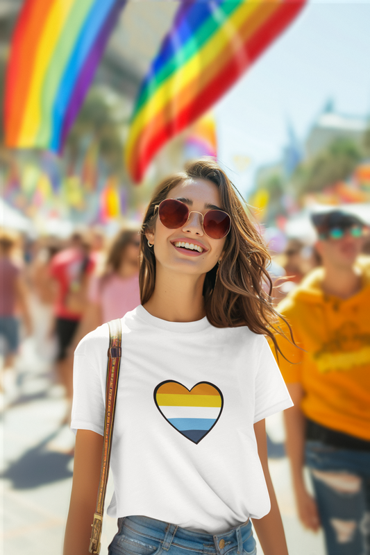 A young woman with brown hair wears the AroAce Pride Flag Heart T-shirt from WhimSpin. The shirt is white with aroace heart drawn in the center made up of dark orange, light orange, white, turquoise, and navy blue stripes. In the background there are Pride Flags at a rally.