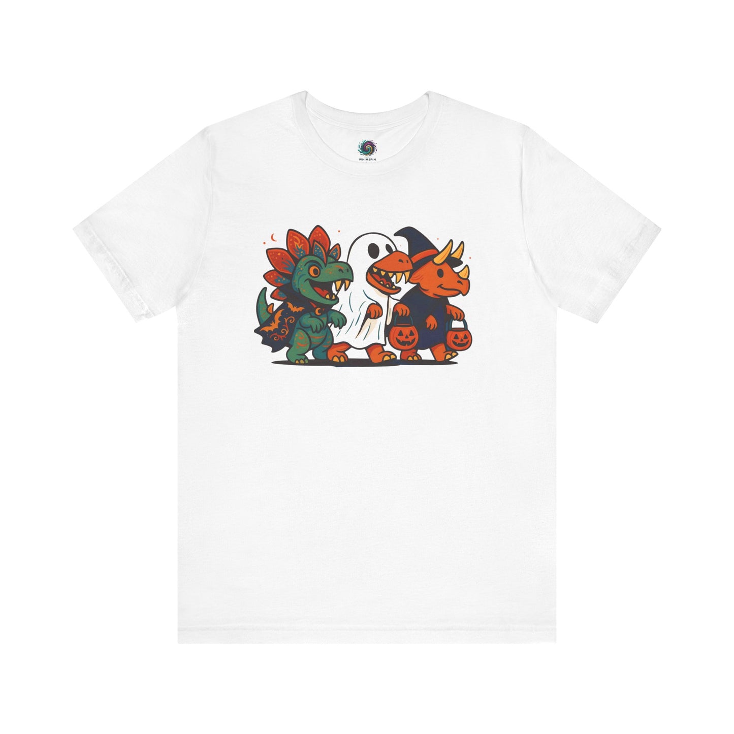 White t-shirt with Halloween-themed dinosaur trick-or-treating graphic on a white background