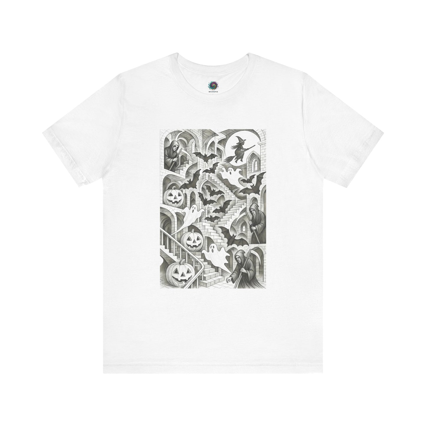 White tee with haunted hallway design inspired by Escher’s house of stairs