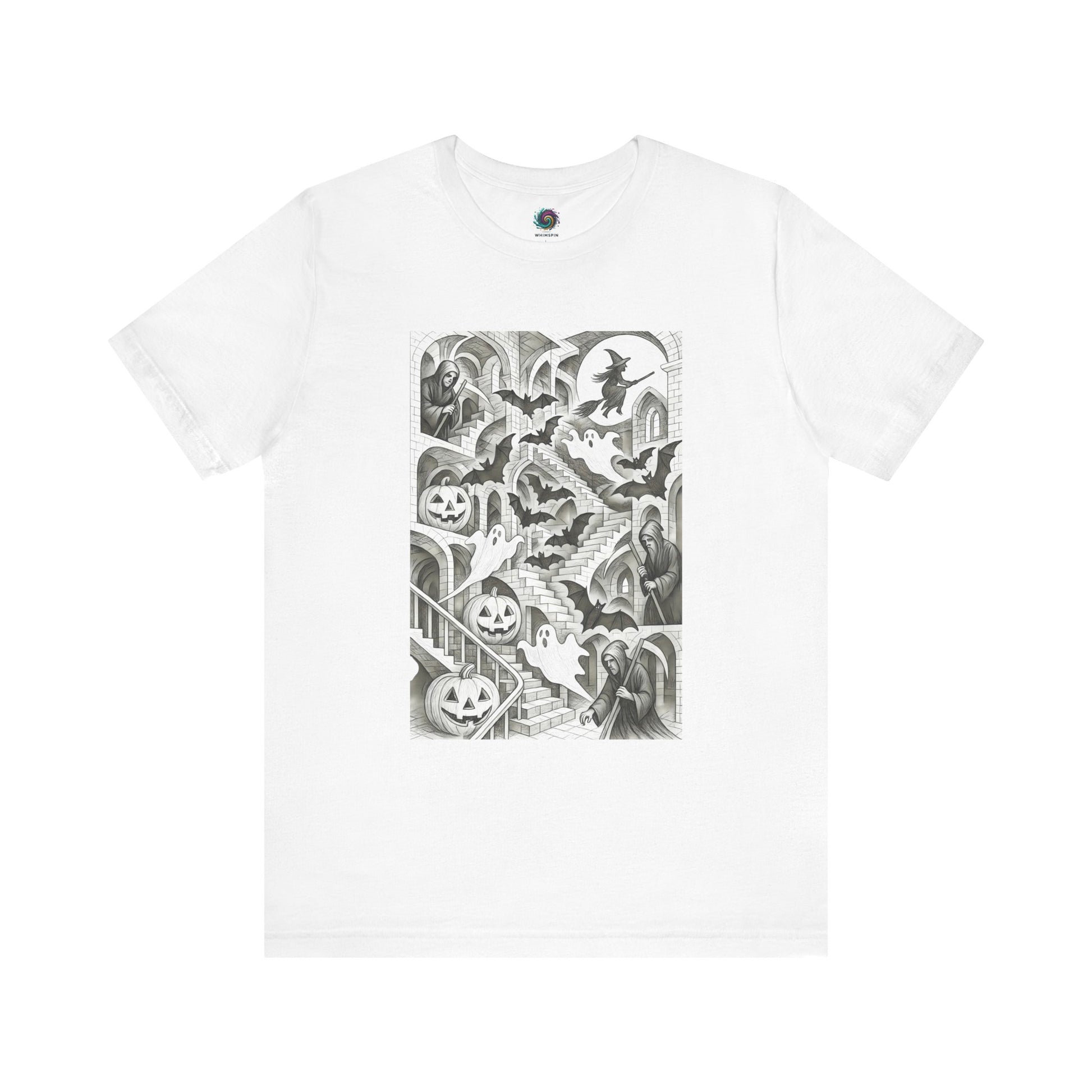 White tee with haunted hallway design inspired by Escher’s house of stairs