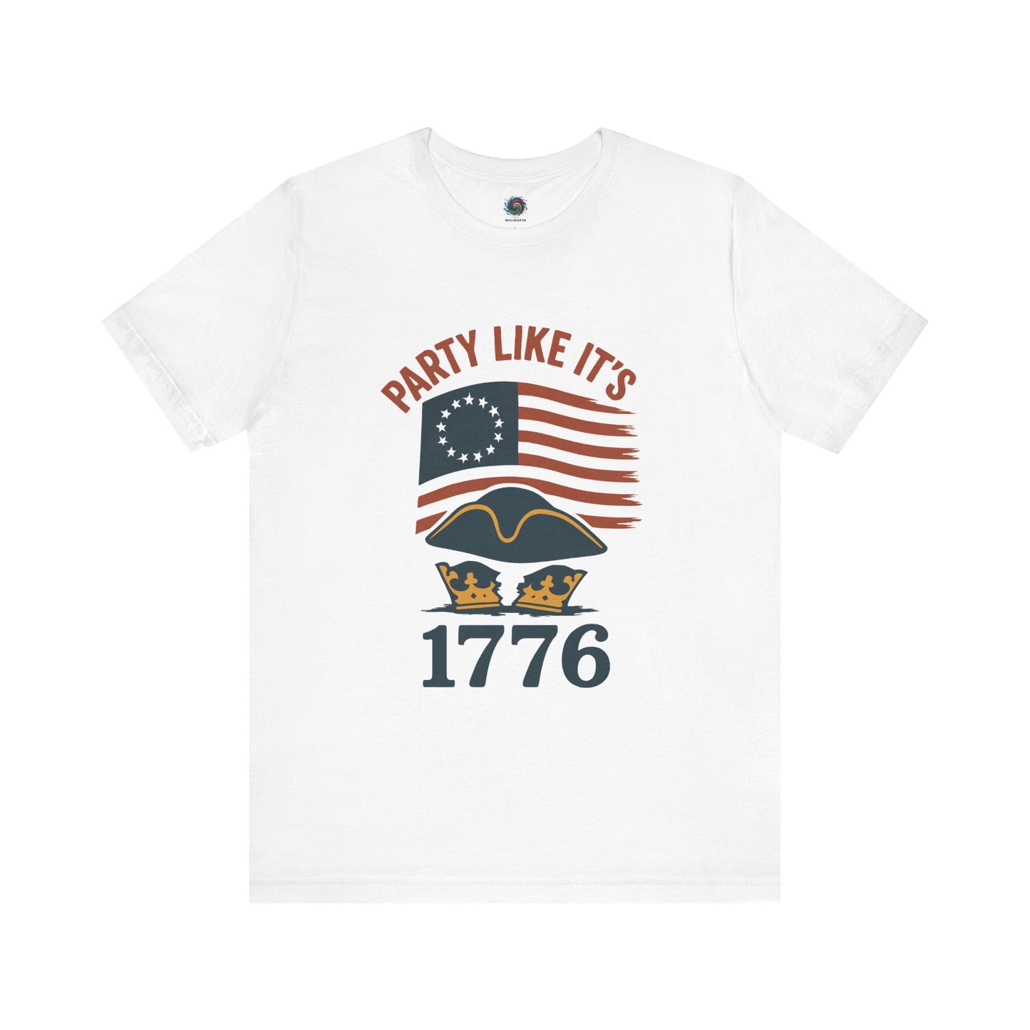 White t-shirt with the text 'Party Like It's 1776' and a tri-corner hat graphic design on a white background