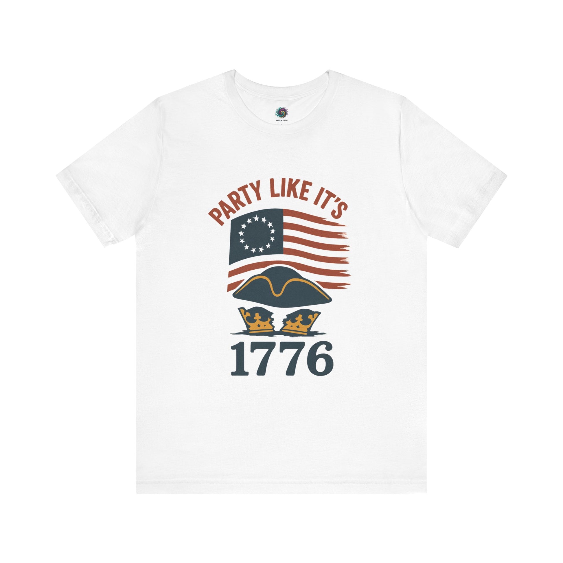 White t-shirt with the text 'Party Like It's 1776' and a tri-corner hat graphic design on a white background