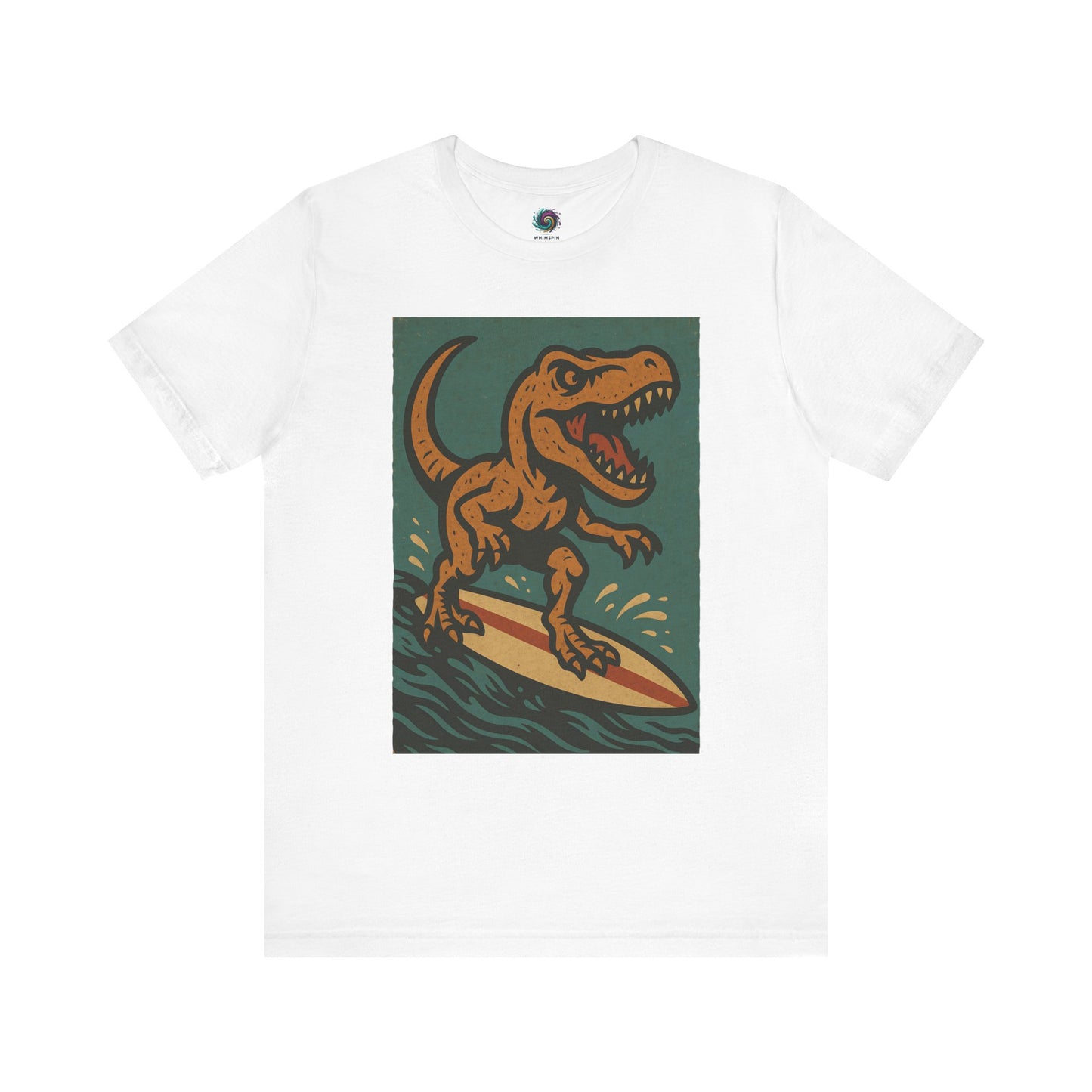 White Surfing t-rex t shirt from WhimSpin- A rearing t Rex riding a yellow surf board on the waves