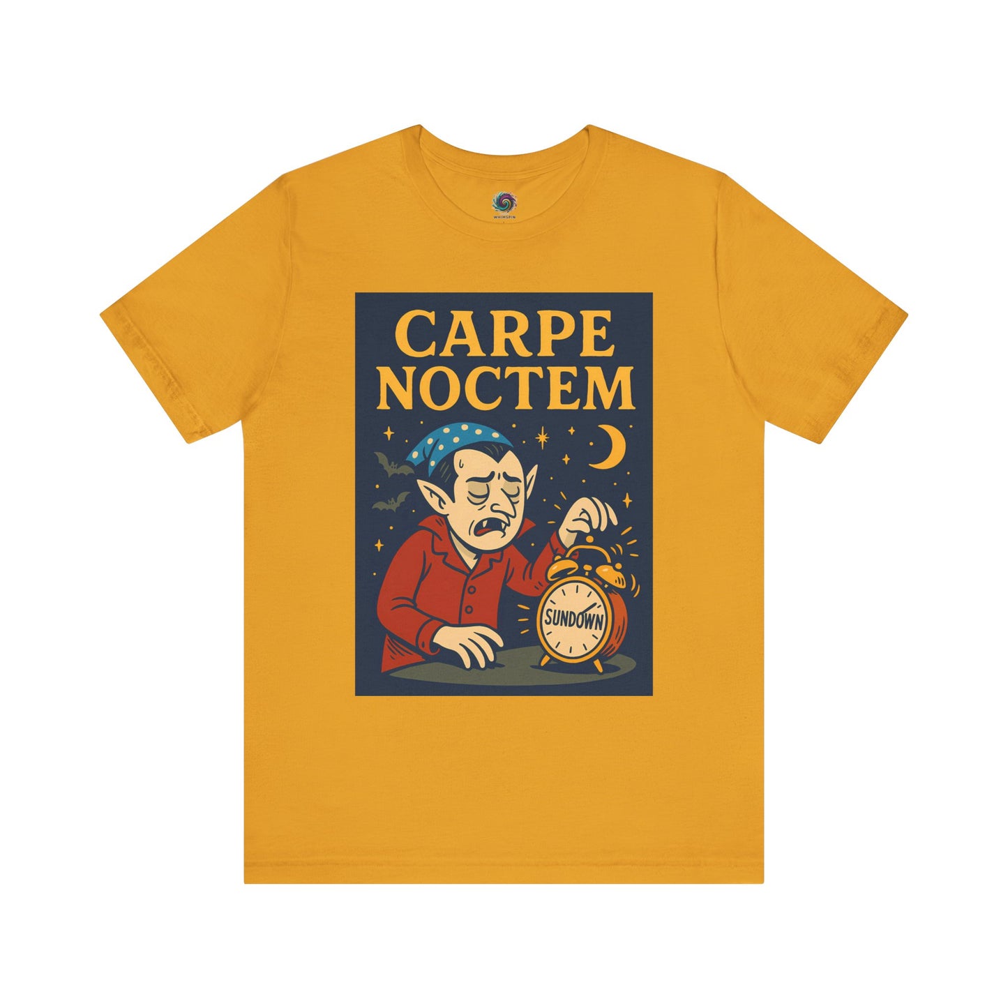 yellow t shirt with 'Carpe Noctem' graphic design featuring a vampire with an alarm clock and moon. Perfect for Halloween parties and night owls