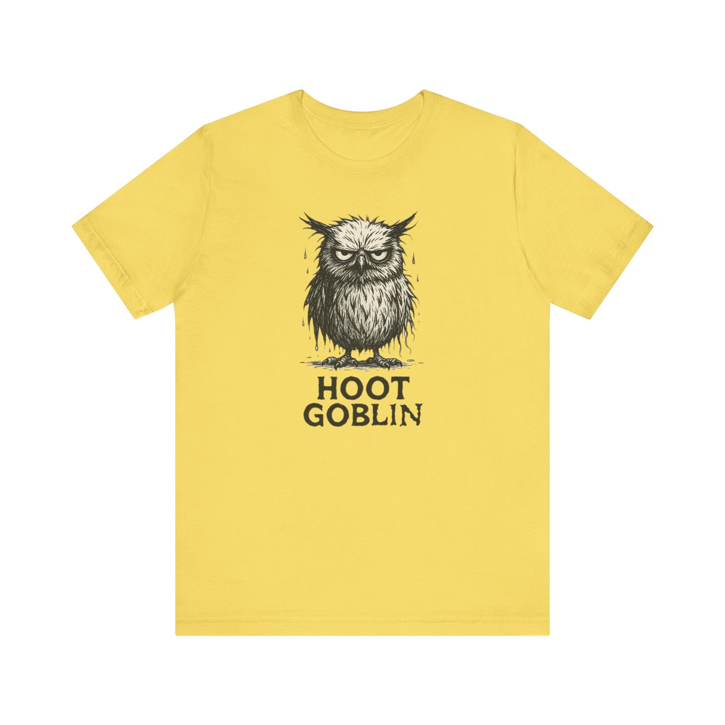 Yellow t-shirt with an owl graphic and 'Hoot Goblin' text on a white background