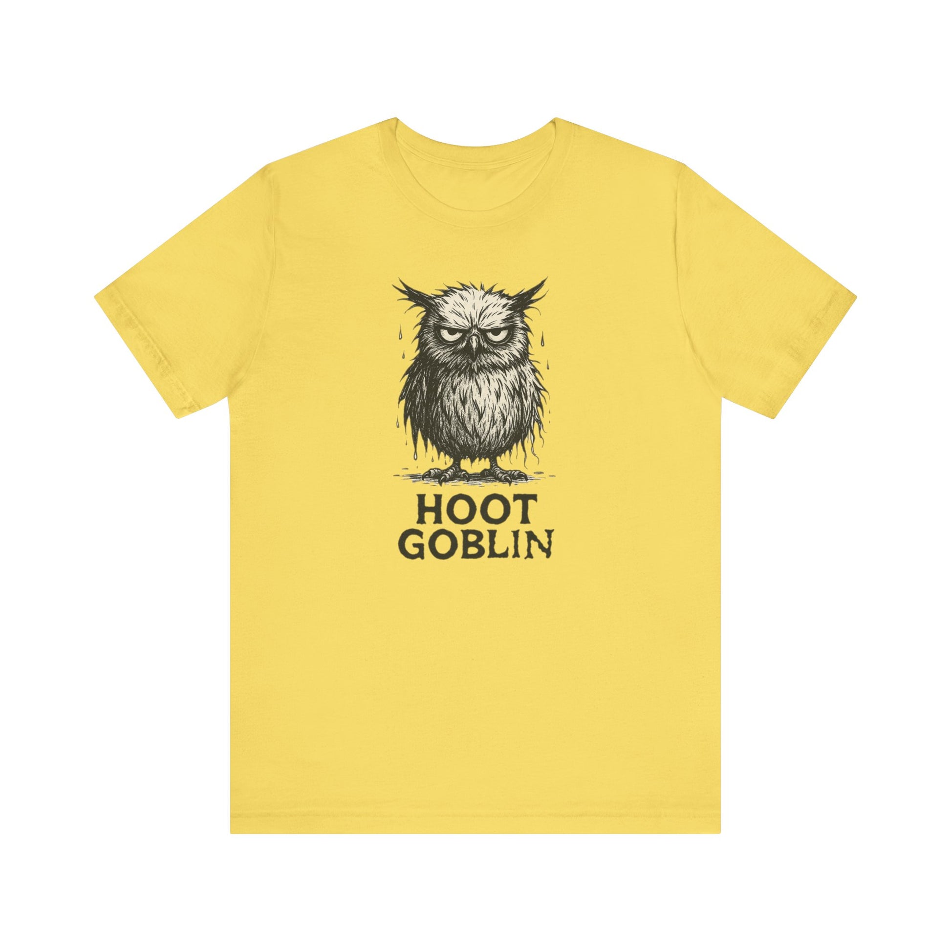 Yellow t-shirt with an owl graphic and 'Hoot Goblin' text on a white background