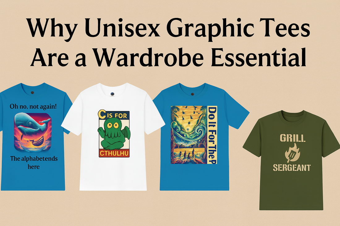 4 unisex shirts that feature graphic images are in front of a beige background under the words "Why Unisex Graphic Tees Are a Wardrobe Essential."