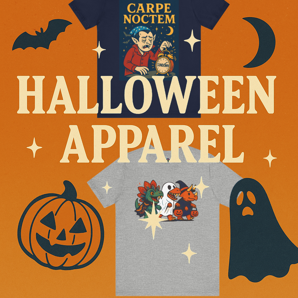 Halloween Apparel Category Banner featuring two seasonal graphic tees from WhimSpin