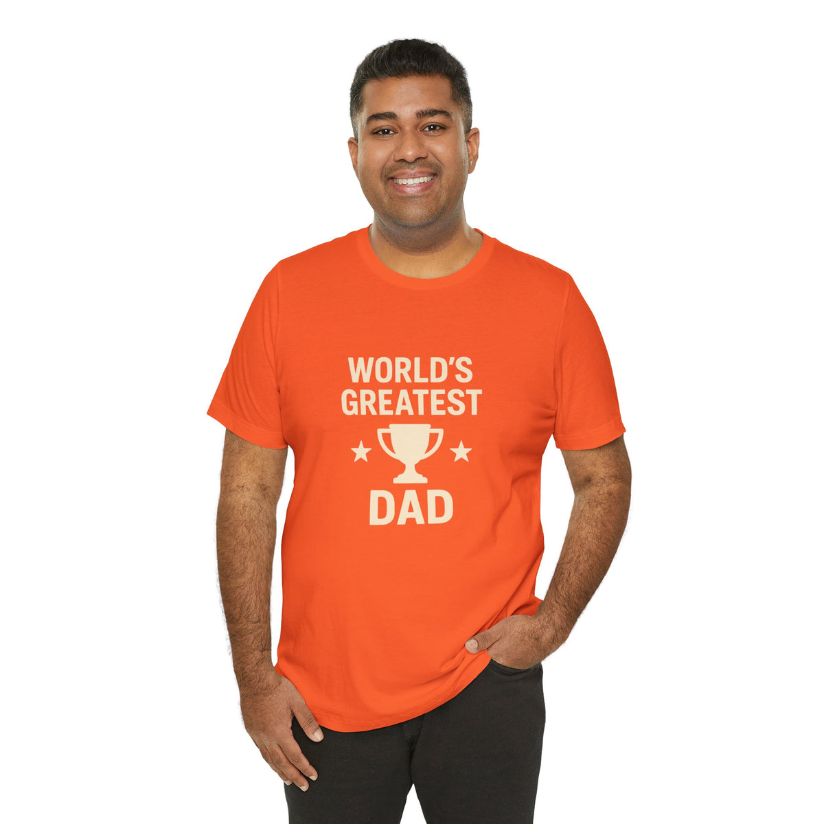 Orange crewneck t-shirt with 'World's Greatest Dad' trophy graphic front