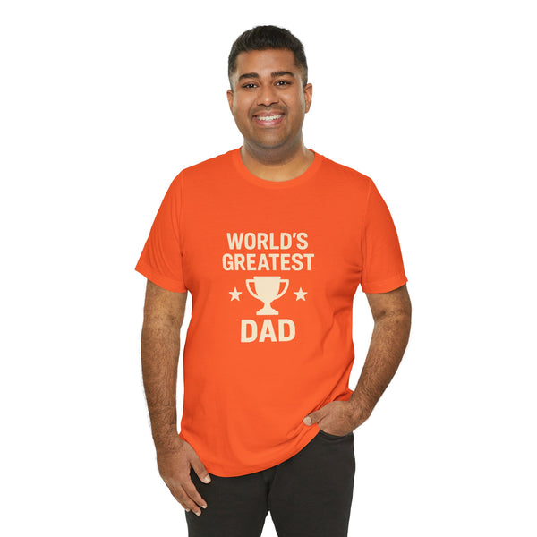 Orange crewneck t-shirt with 'World's Greatest Dad' trophy graphic front