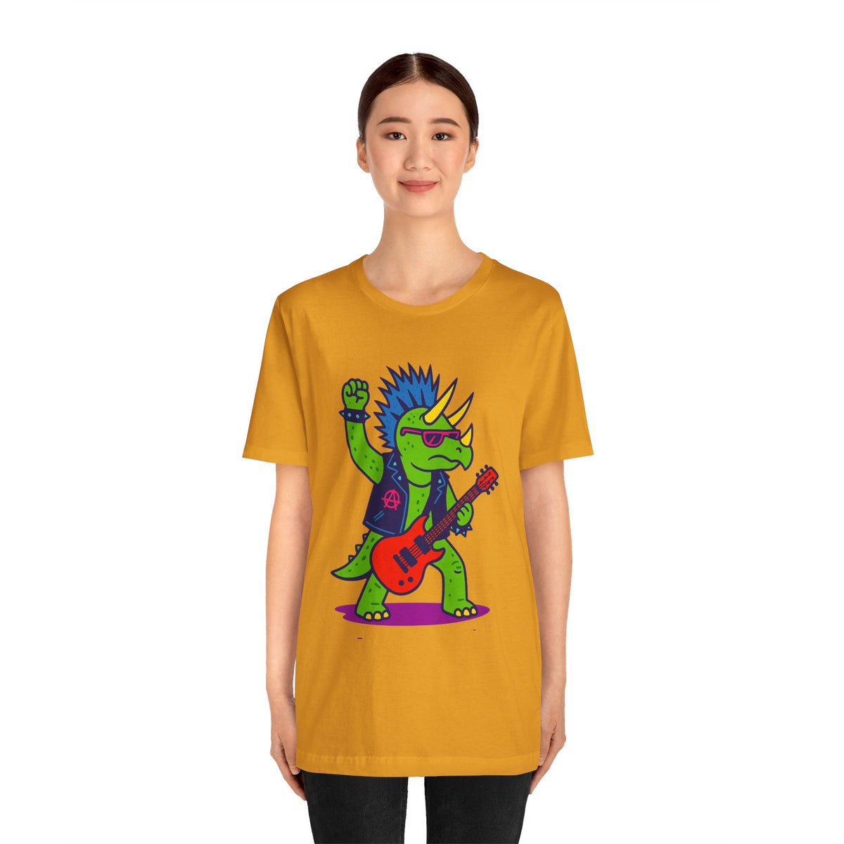 Adult mustard/orange graphic t-shirt with punk triceratops and red guitar, front