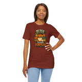 Rust red crewneck t-shirt with colorful pumpkin graphic and fall quote printed front