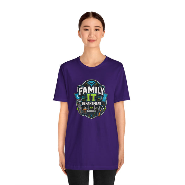 Purple crew-neck T-shirt with “Family IT Department” crest graphic on the front.