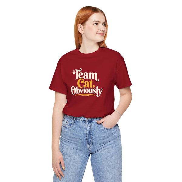Burgundy crew-neck T-shirt with 'Team Cat, Obviously' cat graphic