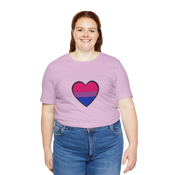 Purple crew-neck T-shirt with black-outlined heart Pride flag graphic