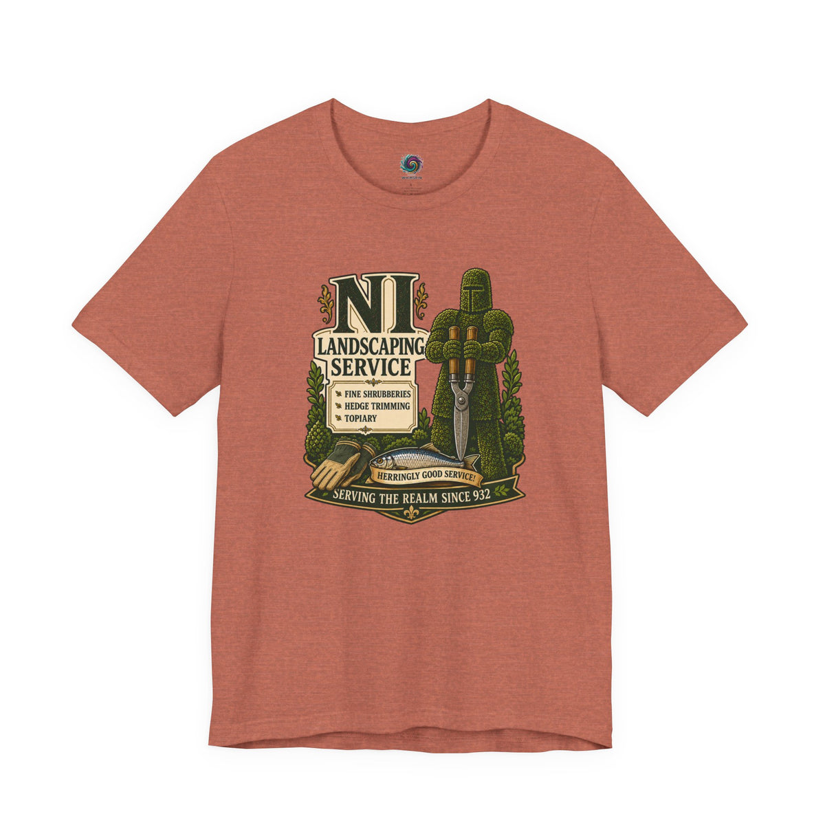 Rust brown crew-neck T-shirt with green gardening-themed graphic on the chest