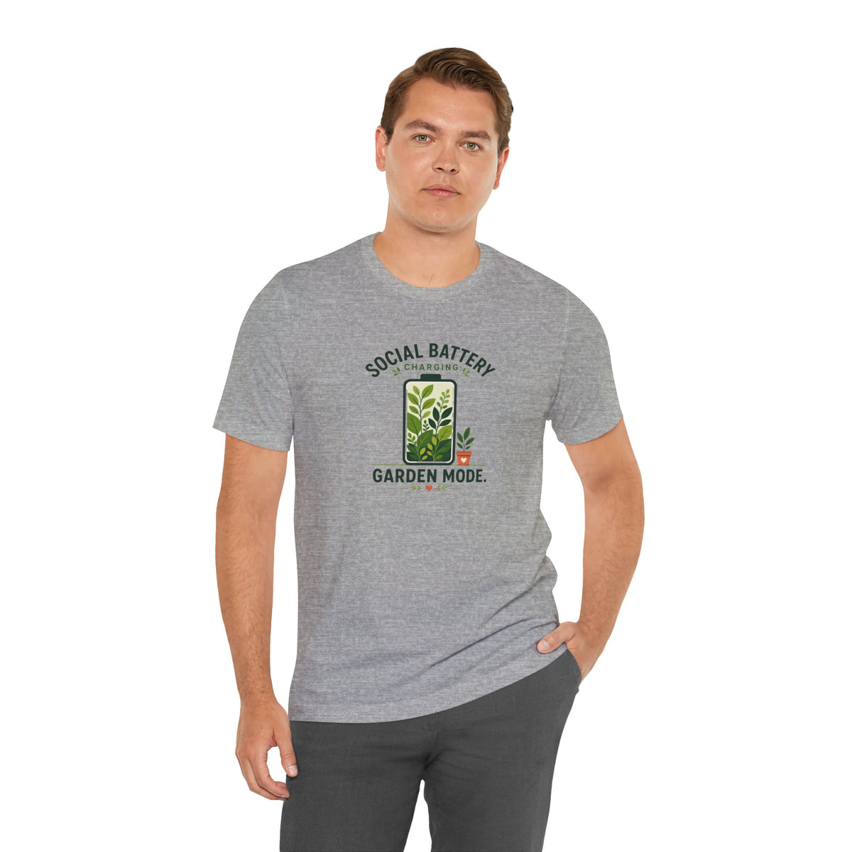Heather gray crew-neck T-shirt with “Social Battery” garden mode text and plant graphic